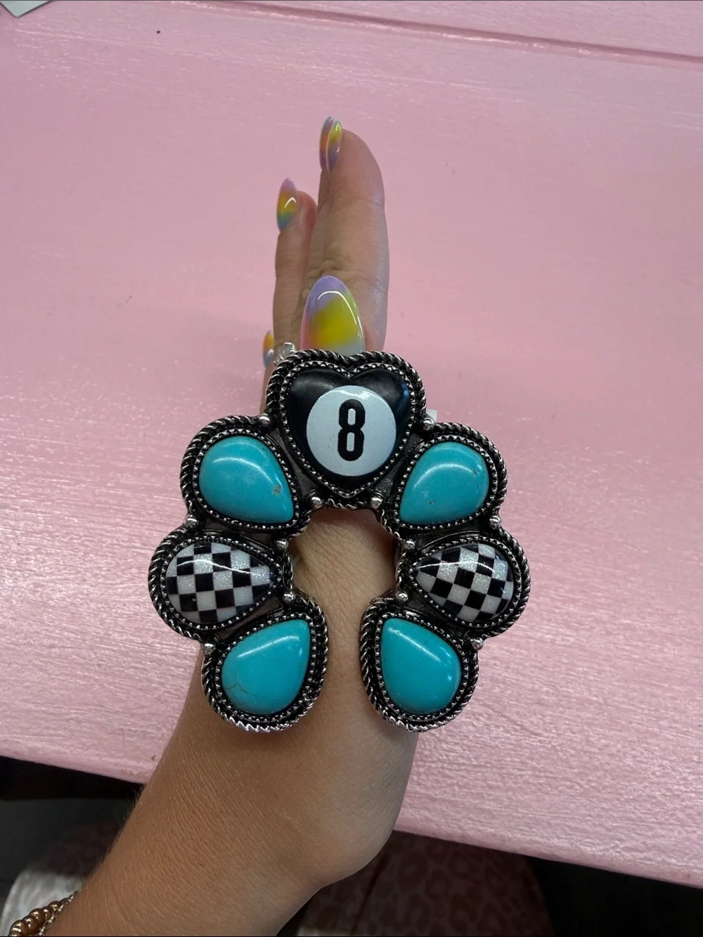 Turquoise & Black Check Eight-Ball Statement Bracelet